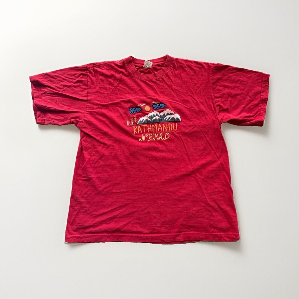 Shangri-La Men's Red Embroidered Kathmandu Nepal Graphic Tee - 46